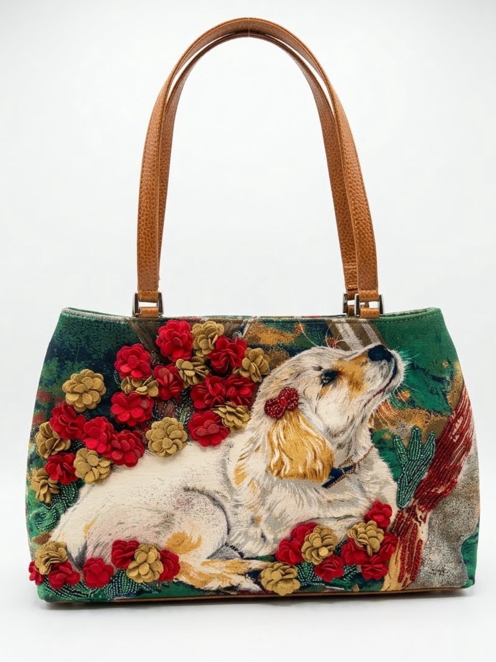 Rare Vintage Isabella Fiore Hand Beaded Dog Tapestry Shoulder Bag Y2K